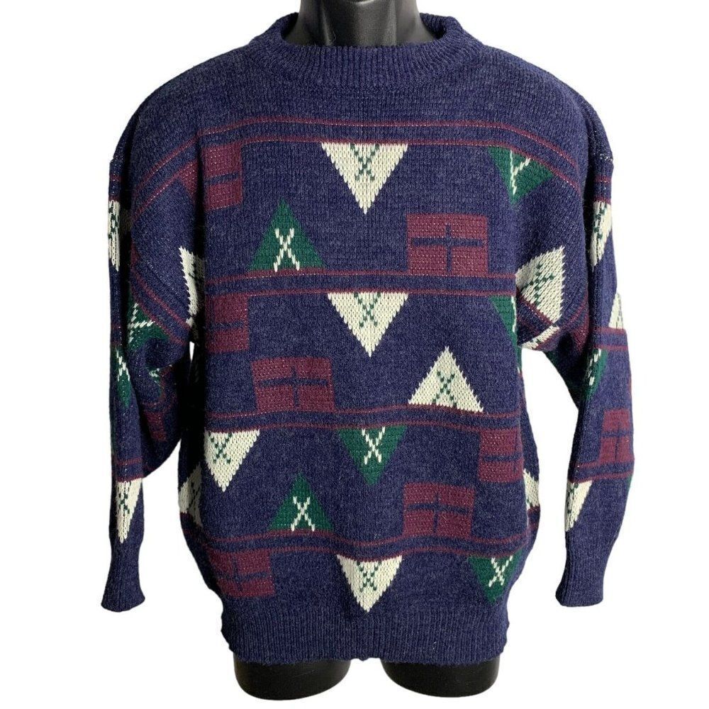 Vintage 80s Crewneck Pullover Knit Sweater L Blue Wool Blend Nautical